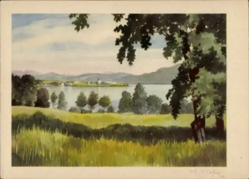 Ak Prien am Chiemsee Oberbayern, Landschaft mit See, Bäume, Berge, A. Hofer, Am Chiemsee