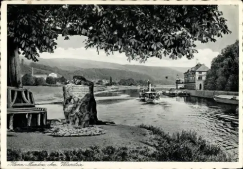 Ak Hann. Münden in Niedersachsen, Flusslandschaft, Weserstein, Schiffsverkehr, Gedicht