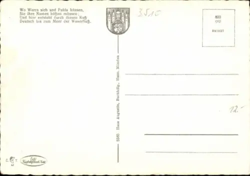 Ak Hann. Münden in Niedersachsen, Flusslandschaft, Weserstein, Schiffsverkehr, Gedicht