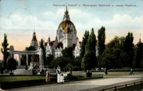 Ak Hannover,  Denkmal Rudolf v. Bennigsen, neues Rathaus, Parklandschaft