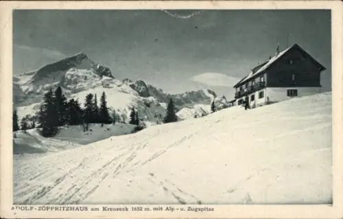 Ak Garmisch Partenkirchen in Oberbayern, Blick zum Adolf Zöpritzhaus am Kreuzeck, Winter, Berge