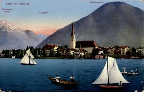 Ak Egern am Tegernsee Oberbayern,  Baumgarten, Wallbergspitze, Segelboote