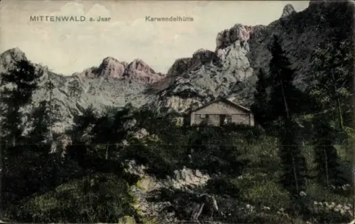 Ak Mittenwald in Oberbayern, Berglandschaft, Karwendelhütte,  farbige 