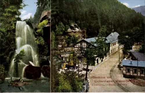 Ak Lichtenhain Sebnitz Sächsische Schweiz, Lichtenhainer Wasserfall, Wasserfall, Gasthaus, Straße