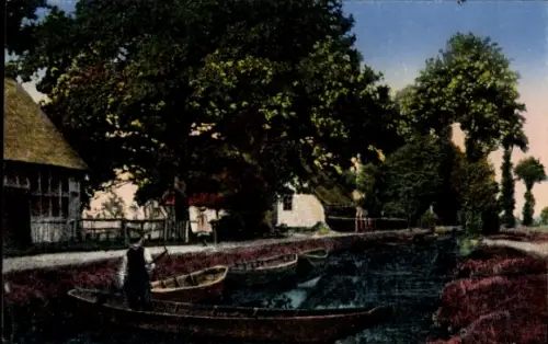 Ak Lüneburger Heide, Dorfmotiv, Kanal, Boote