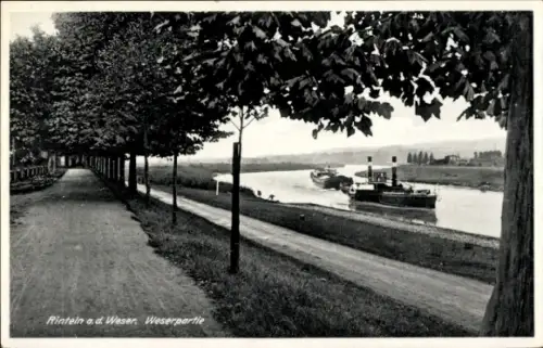 Ak Rinteln an der Weser, Flusslandschaft, Schiffe, Bäume, Weg