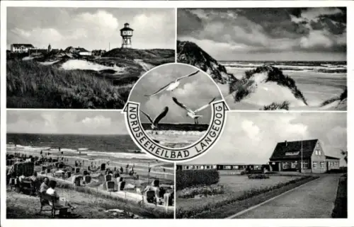 Ak Nordseebad Langeoog Ostfriesland, Nordseeheilbad  Leuchtturm, Strandszenen, Möwen, Küstenlands