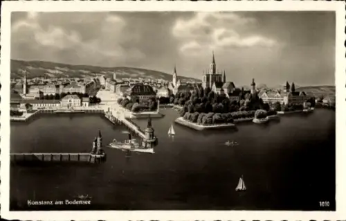 Ak Konstanz am Bodensee, Konstanz am Bodensee, Stadtansicht, Wasser, Schiffe, Berge im Hintergrun