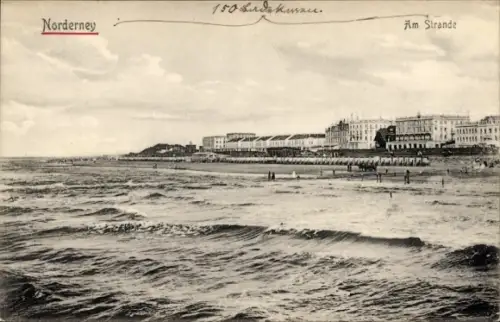 Ak Nordseebad Norderney Ostfriesland,  Am Strande, Meer, Wellen, Strandpromenade, Gebäude