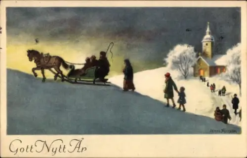 Künstler Ak Nyström, Jenny, Fröhliches Neujahr, Menschen kommen aus der Kirche, Schlittengespann