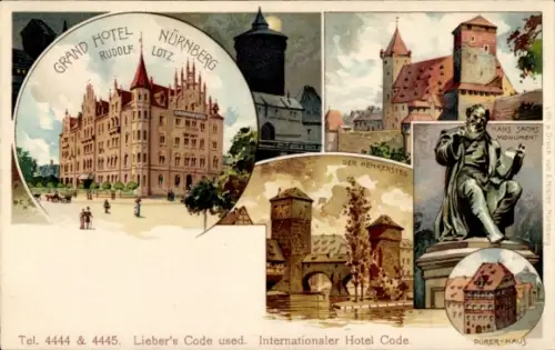 Litho Nürnberg in Mittelfranken Bayern, Grand Hotel, Henkersteg, Hans-Sachs-Monument, Dürerhaus