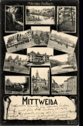 Ak Mittweida Sachsen, Zschimerplatz, Schloss Neusorge, Turm, Waldfriede, Marktplatz, Mikroskopkarte