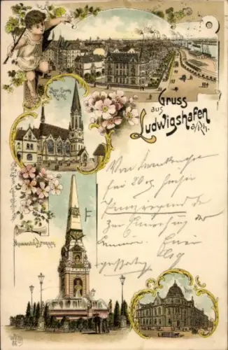 Litho Ludwigshafen am Rhein, Monumental Brunnen, Post, Kirche, Stadt