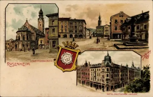 Künstler Ak Spindler, Erwin, Rosenheim Obb., Stadtpfarrkirche, Hotel Deutscher Kaiser, Ludwigsplatz