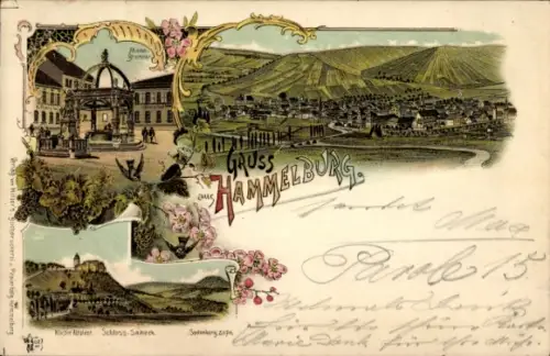 Litho Hammelburg in Unterfranken Bayern, Marktbrunnen, Schloss, Blick auf den Ort