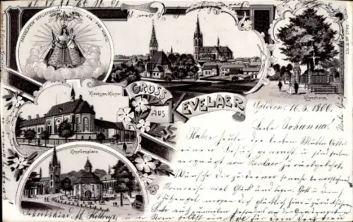 Litho Kevelaer am Niederrhein, Kapellenplatz, Kloster, Kirche, Blick auf den Ort