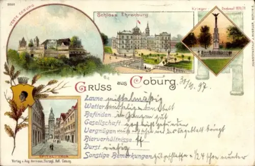 Litho Coburg, Schloss Ehrenburg, Kriegerdenkmal, Veste Coburg