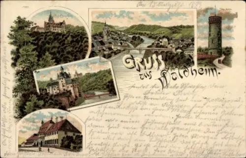Litho Waldheim in Sachsen, Schloss Ehrenberg u. Kriebstein, Königl. Strafanstalt, Siegesturm