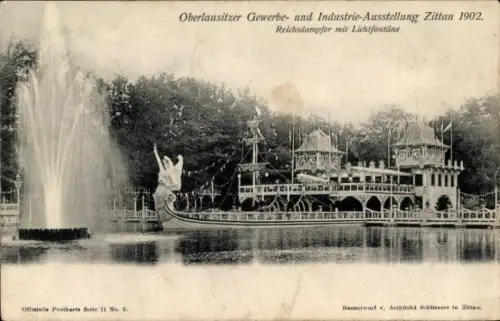 Ak Zittau in Sachsen, Oberlausitzer Gewerbe und Industrieausstellung 1902, Reichsdampfer, Fontäne