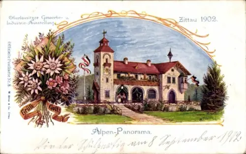 Litho Zittau in Sachsen, Gewerbe und Industrieausstellung 1902, Alpenpanorama