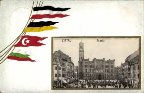 Ak Zittau in Sachsen, Markt, Fahnen