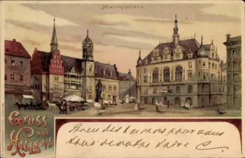 Litho Halle an der Saale, Marktplatz, Rathaus
