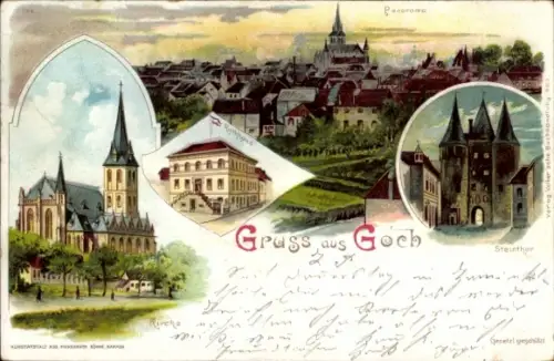 Litho Goch am Niederrhein, Kirche, Steintor, Panorama, Rathaus