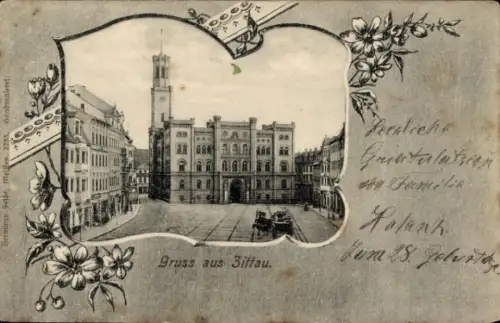 Passepartout Ak Zittau in Sachsen, Marktplatz, Rathaus
