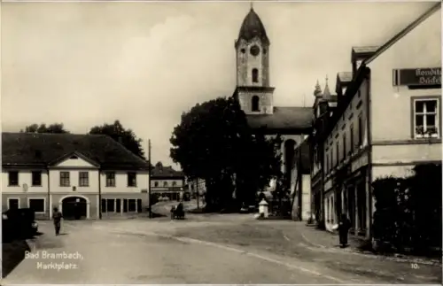 Ak Bad Brambach im Vogtland, Marktplatz, Kirche, Bäckerei