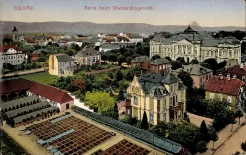 Ak Colmar Kolmar Elsass Haut Rhin, Luftaufnahme von  Oberlandesgericht, Wohnhäuser, Gartenanlagen