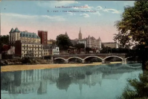 Ak Pau Pyrénées-Atlantiques, Flussansicht, Stadtansicht, Brücke, Bauten, Bäume