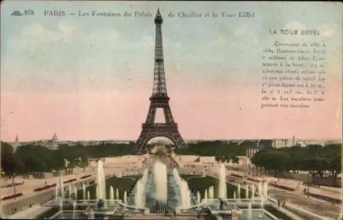 Ak Paris XVI Passy, Eiffelturm, Fontänen, Palais de Chaillot,   Informationen