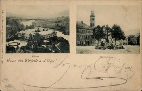 Ak Klášterec nad Ohří Klösterle an der Eger Region Aussig, Schloss, Brunnengruppe