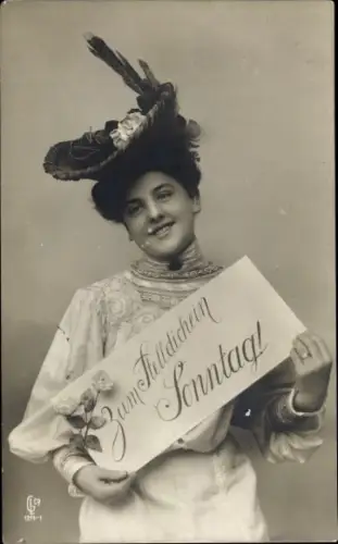 Ak Junge Frau mit Hut, Schild "Zum Stelldichein Sonntag!"