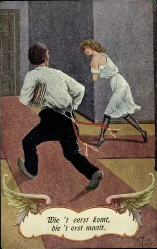 Künstler Ak Thiele, A., Wie 't eerst komt, die 't erst maalt