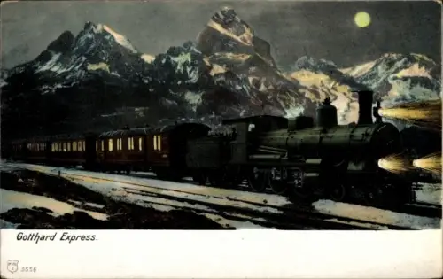 Mondschein Ak Gotthard Express, Dampflok, Eisenbahn in Fahrt, Alpenkamm bei Nacht