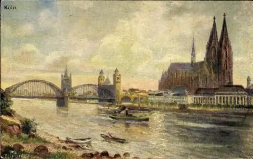 Ak Köln am Rhein, Flusslandschaft, Hohenzollernbrücke, Kölner Dom, Boote