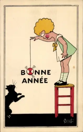 Künstler Ak Chenet, Glückwunsch Neujahr, Mädchen mit einem Jojo, Katze