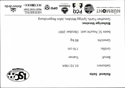Autogrammkarte Fußballer Roland Seitz, 1. SC Feucht, Autogramm