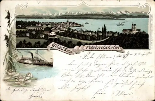 Litho Friedrichshafen am Bodensee, Panoramablick auf die Stadt, Dampfer