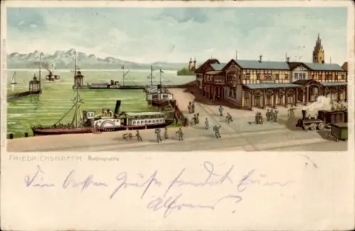 Litho Friedrichshafen am Bodensee, Hafenpartie, Bahnhof
