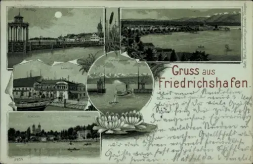 Mondschein Litho Friedrichshafen am Bodensee, Hafenpartie, Bahnhof, Schloss