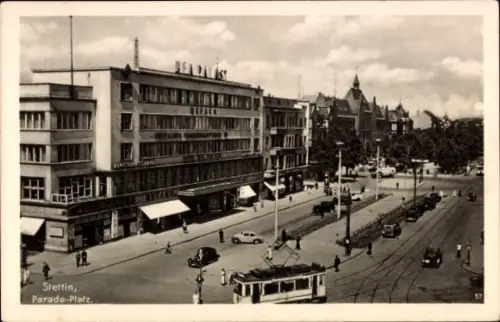 Ak Szczecin Stettin Pommern, Straßenbahn, Paradeplatz, UFA Palast, DEFAKA