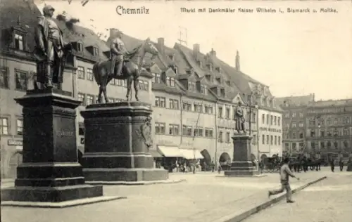 Ak Chemnitz in Sachsen, Markt, Denkmal Kaiser Wilhelm I., Bismarck-Denkmal, Moltke-Denkmal