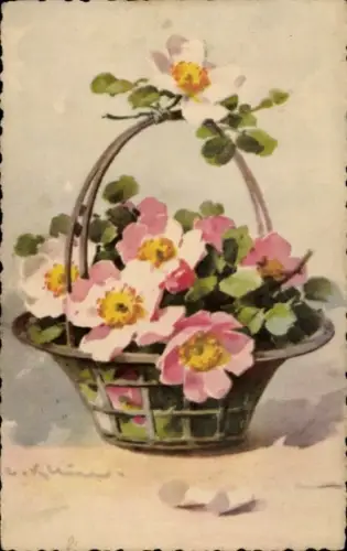 Künstler Ak Klein, C., Rosa Blumen im Korb