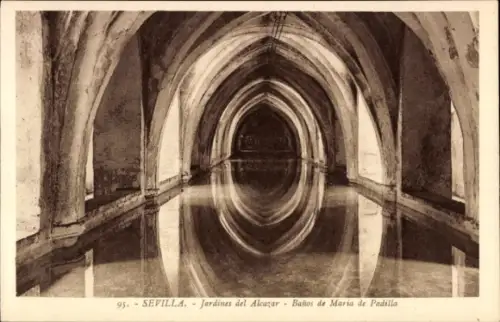 Ak Barrio de Santa Cruz Sevilla Andalusien,  Jardines del Alcazar, Baños de Maria de Padilla, Was