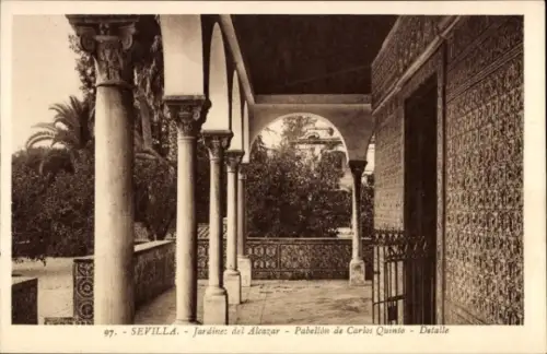 Ak Barrio de Santa Cruz Sevilla Andalusien,  Jardines del Alcazar, Pabellón de Carlos Quinto, Det