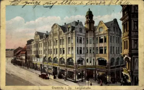 Ak Chemnitz in Sachsen,  Langestraße,  Gebäude, Menschenmenge, Auto