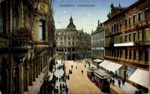 Ak Chemnitz in Sachsen,  Königstraße, Straßenbahn,  Gebäude, Menschen