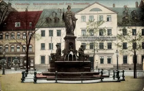 Ak Chemnitz in Sachsen, Saxoniabrunnen, Rossmarkt, Statue, Bäume, Geschäfte